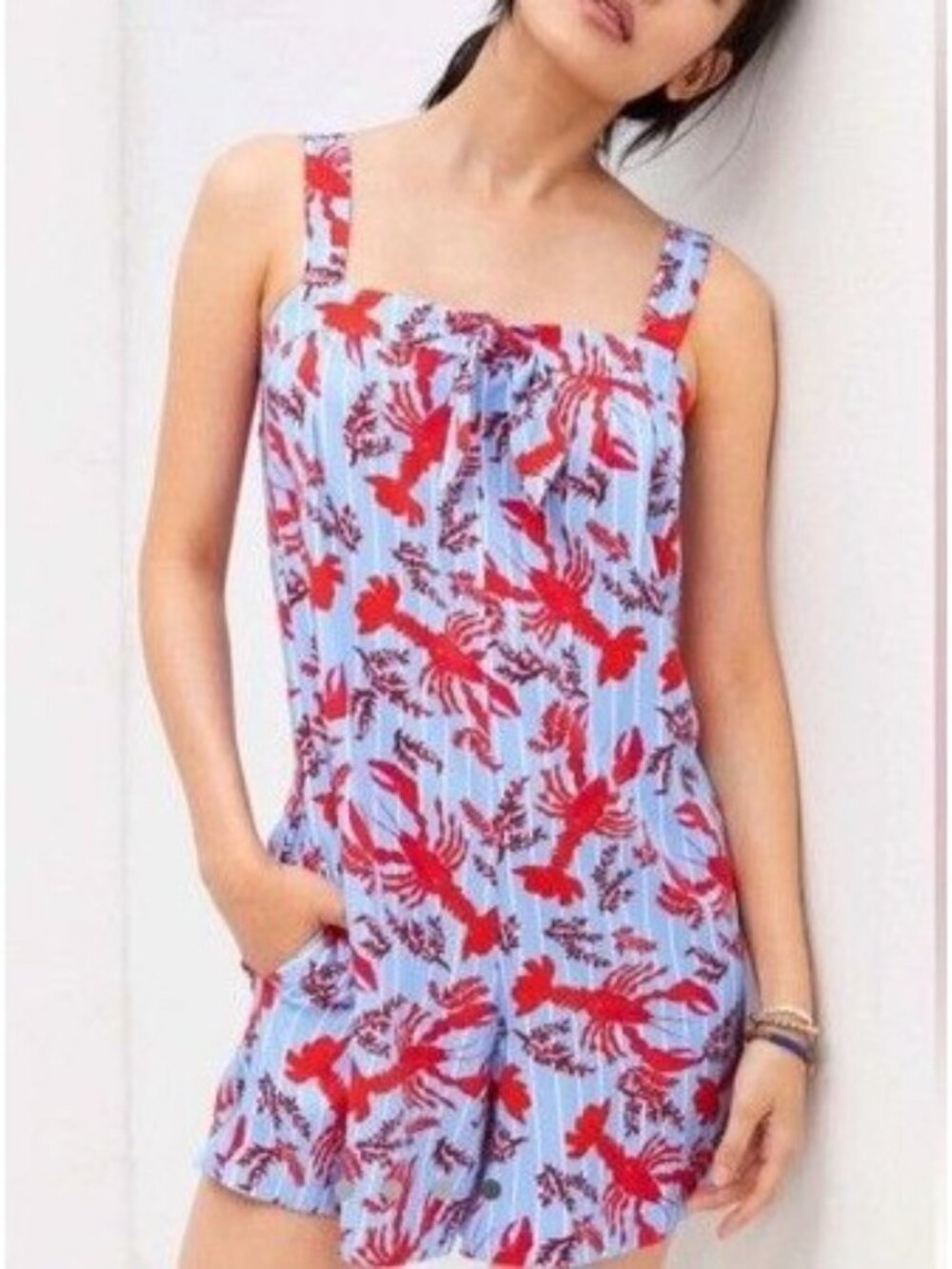 Corey Lynn Calter Anthropologie Womens Size S Lobster Romper Pockets Blue Red - Picture 4 of 9